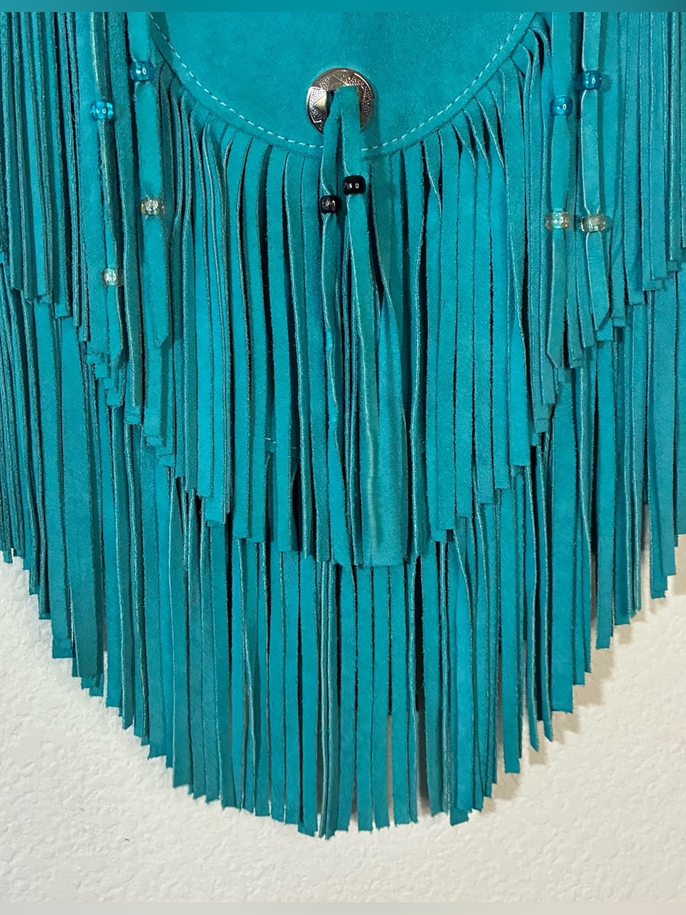 VINTAGE  HB TURQUOISE LEATHER FRINGE PONCHO - Picture 3 of 9